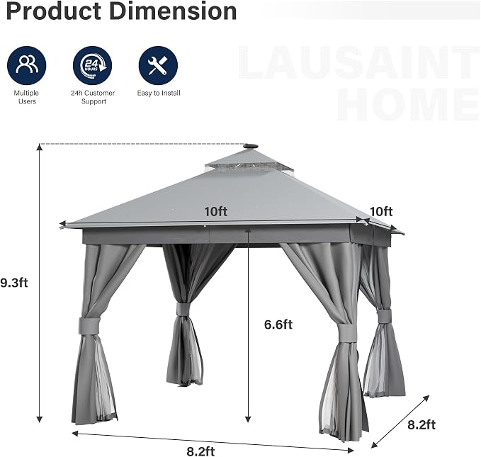 10'x10' Outdoor Gazebo with LED Lights, Metal Heavy Duty Patio Canopy Tent with - Image 2