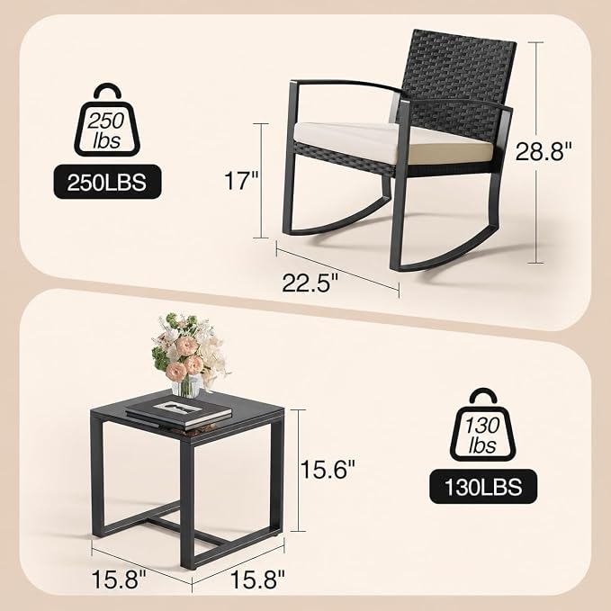 Qsun 3 Pieces Porch Furniture Set Patio Rocking Bistro Set Outdoor Patio Chairs - Image 2