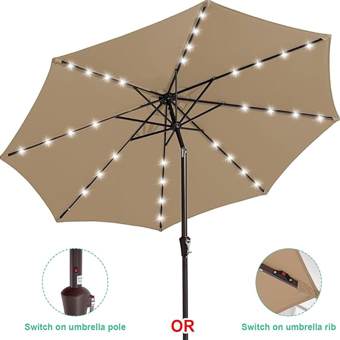 JEAREY 9' Patio Umbrella with Solar Lights, LED Umbrella, Tilt & Crank UV - Image 2