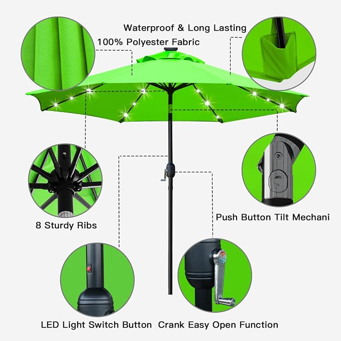 Sunnyglade 9' Solar LED Patio Umbrella, 8 Ribs, Tilt & Crank | 9Ft Patio - Image 2