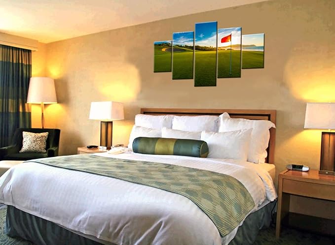 Living Room Decorations for Wall Golf Course Pictures Red Flags Paintings Landscape Artwork 5 Piece Green Canvas Wall Art House Modern Decor Framed Giclee Ready to Hang Posters and Prints(60''Wx32''H)