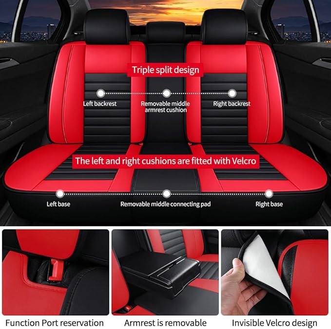 Leather Car Seat Covers for Volkswagen Golf 2001-2021,Car Seat Covers Full Set,Seat Covers with Safety,Waterproof Seat Cover Compatible Airbag(5pcs Black&Red Bars Standard)