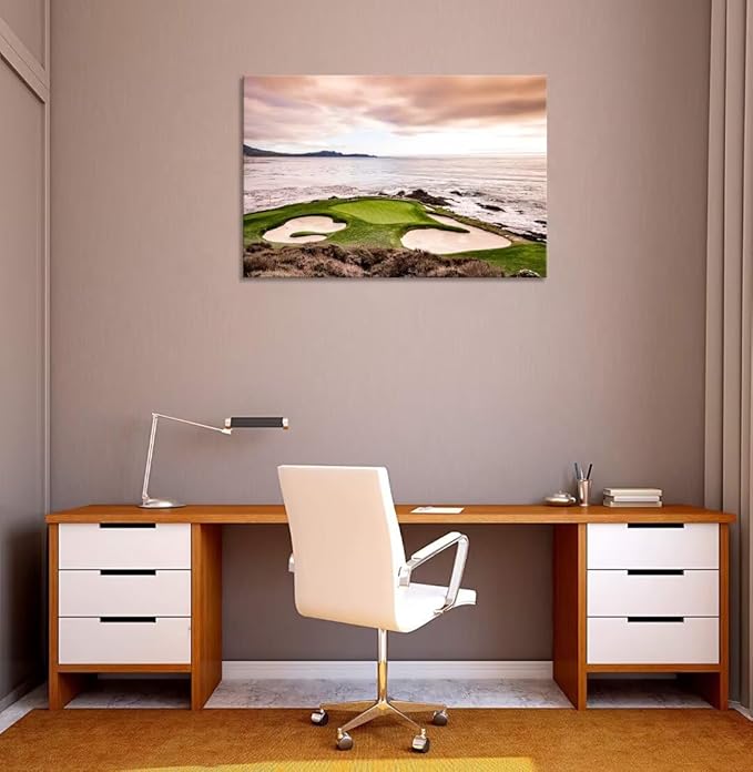 USA California Golf Course Wall Art for Living Room Bedroom Bathroom Home Decorations Coastline Golf Course Greens and Bunkers Picture Poster Framed Artwork Canvas Prints Ready to Hang(12''H x 16''W)