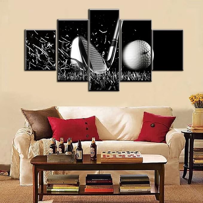 Golf Pctures Wall Decor Black and White Paintings Golf Course Wall Art for Living Room Golfing Sports Artwork 5 Piece Prints on Canvas House Modern Decor Giclee Framed Ready to Hang(60''Wx 32''H)