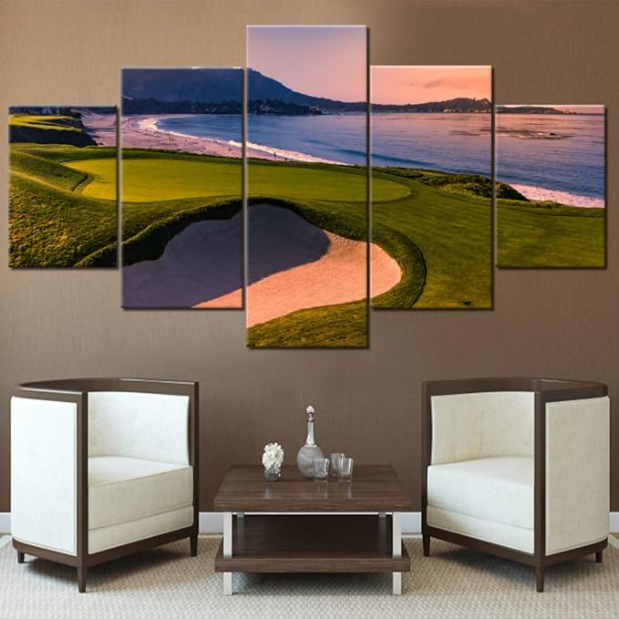 Native American Decor California Beach Golf Course Pictures 5 Panel Canvas Wall Art Green Landscape Paintings Contemporary Artwork Framed Ready to Hang in Living Room Posters and Prints(60''Wx32''H)