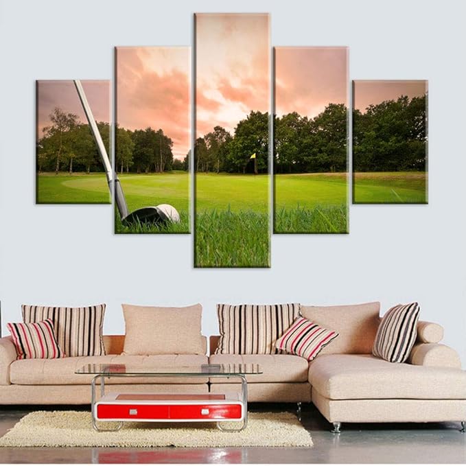 5 Pieces Canvas Wall Art Golf Course at Sunset Red Paintings for Living Room Green Lawn Pictures Modern Home Decor Rustic Artwork Gift Wooden Framed Ready to Hang Poster and Prints(60''W x 40''H)