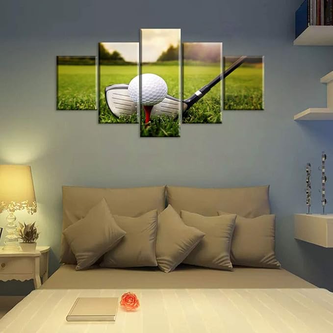 Rustic Wall Art Golf Club and Ball in Grass Pictures for Living Room Golfing Sport Paintings Gallery-Wrapped 5 Panels Printed on Canvas Home Modern Decor Framed Ready to Hang(60''W x 32''H)