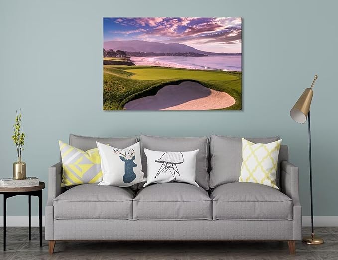 Pebble Beach Golf Course 9th Hole Wall Art for Living Room Bedroom Bathroom Home Decorations Monterey California USA Golf Course Picture Poster Canvas Prints Framed Ready to Hang(12''H x 16''W)