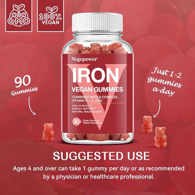 Iron Gummies Supplements for Women & Kids - Multivitamin with Iron for Blood Oxygen, Great Tasting Gummy Vitamins with Vitamin C for Max Absorption - Vegan Chewable, Peach Flavor(3 Packs)