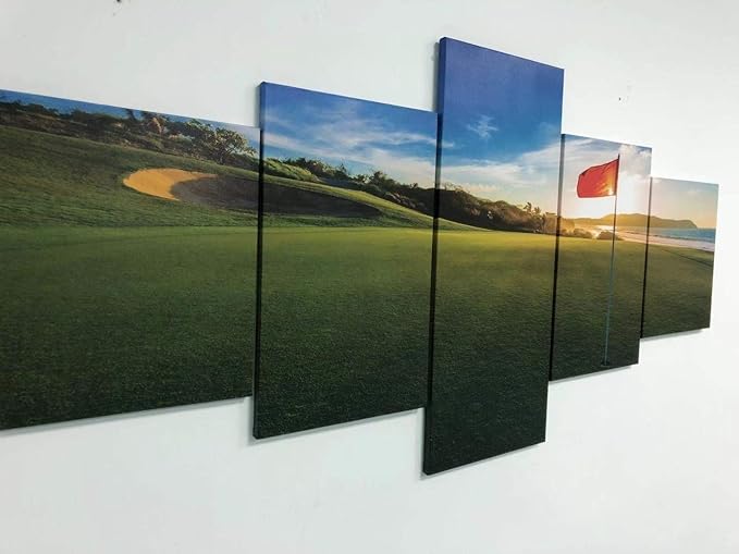 Golf Course Paintings Green Fairway Wall Art 5 Panel Printed on Canvas for Living Room Golfing Sport Pictures Contemporary Artwork Modern Home Decor Giclee Framed Stretched Ready to Hang(50''Wx24''H)