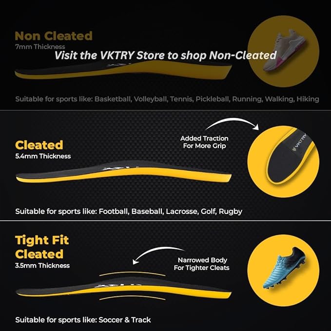 VKTRY Gold for Cleated Shoes - Carbon Fiber Performance Insoles Customized Athletic Inserts for Football, Baseball, Soccer, Golf, Lax & More | Run Fast, Jump High, US: M7-7.5, W9-9.5, 171-220 lbs