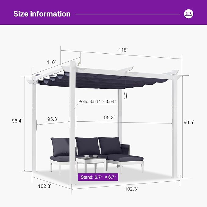 PURPLE LEAF Retractable Pergola 10' x 10' White Pergola, Extra Canopy, anchored - Image 3