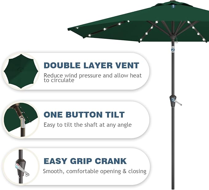 9FT Patio Umbrella with Solar Lights, Outdoor Market Umbrella with Tilt and - Image 2