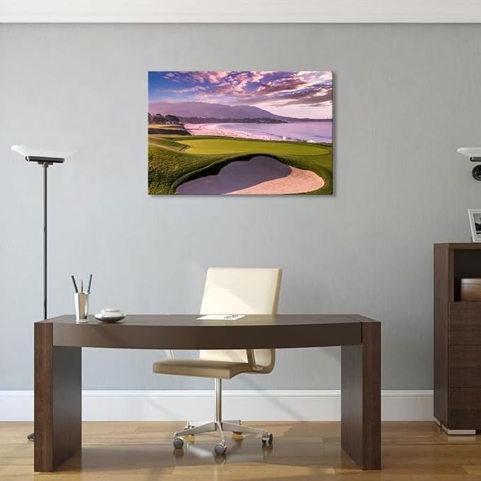 Pebble Beach Golf Course 9th Hole Wall Art for Living Room Bedroom Bathroom Home Decorations Monterey California USA Golf Course Picture Poster Canvas Prints Framed Ready to Hang(12''H x 16''W)