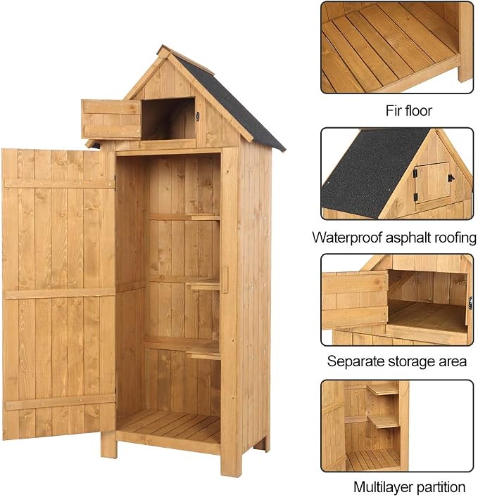 Outvita 70in Outdoor Storage Cabinet, Natural | Wooden Vertical Garden Tools - Image 2