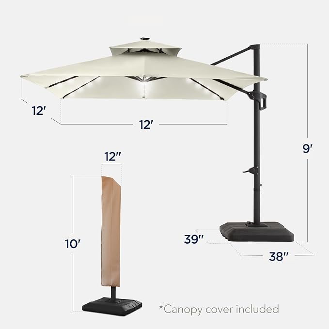 Best Choice Products 12x12ft LED Cantilever Patio Umbrella w/Base Included & - Image 2