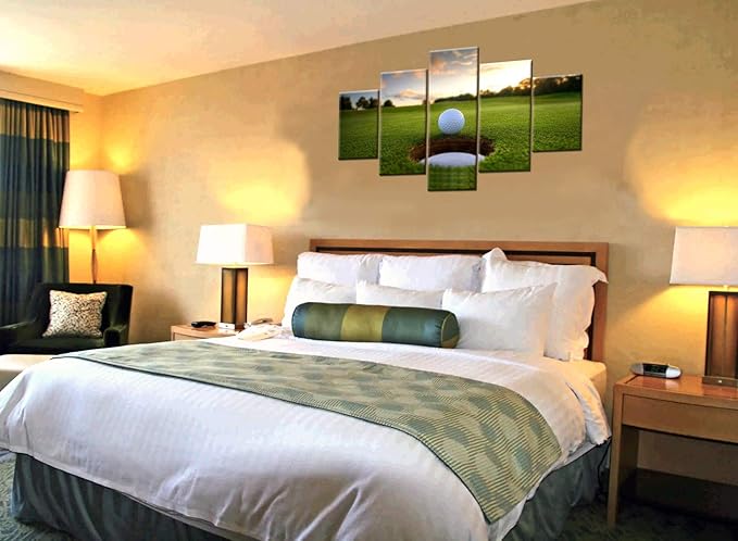 5 Piece Canvas Wall Art for Living Room Golf Course Pictures White Golf Ball Paintings Green Lawn Scenery Artwork Gallery-Wrapped Modern Home Decor Framed Ready to Hang Posters and Prints(60''Wx32''H)