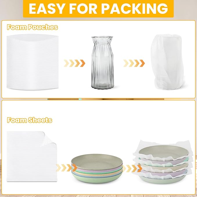 400PCS Moving Packaging Supplies,300 Cushioning Foam Pouches and Sheets,4 Sizes(16"x12",12"x12",12"x7.8",7.8"x7.8") with 100 Fragile Stickers,Packaging Foam Pouches for Protect Dishes Glasses Storage