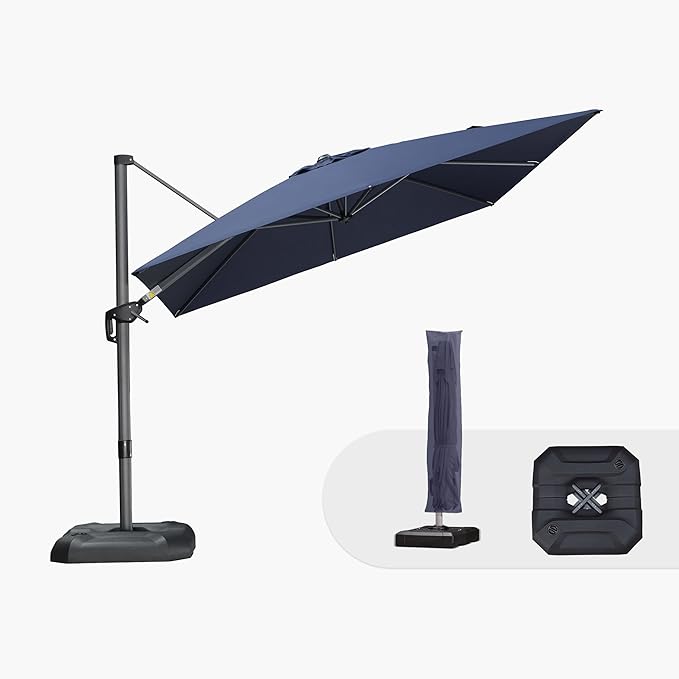 PURPLE LEAF Umbrella with Base & Cover 9' x 9' Custom Height Control Navy | by PURPLELEAF