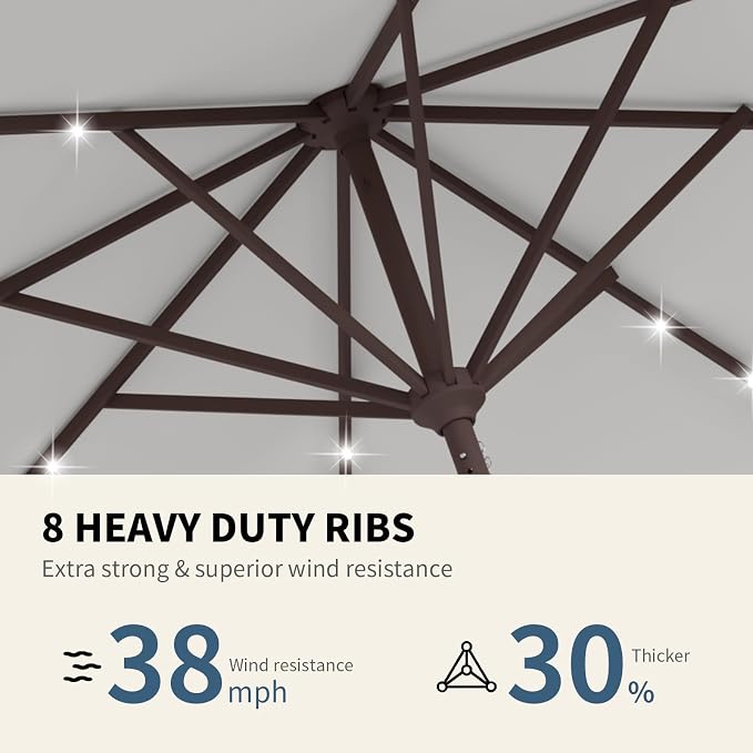 9FT Patio Umbrella with Solar Lights, Outdoor Market Umbrella with Tilt and - Image 4