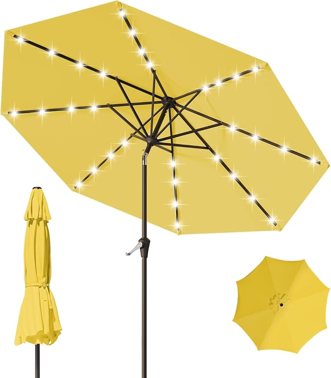 9FT Patio Umbrella with Solar Lights, Outdoor Market Umbrella with Tilt and by YourPerfectOutdoorEscape