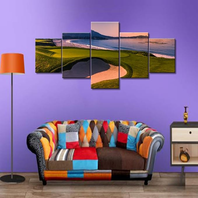 Native America Wall Pictures for Living Room Public Golf Course of Pebble Beach Wall Art 5 Piece Canvas Prints Artwork Giclee GolfingPainting Modern House Decor Framed Ready to Hang Gift(50''Wx24''H)