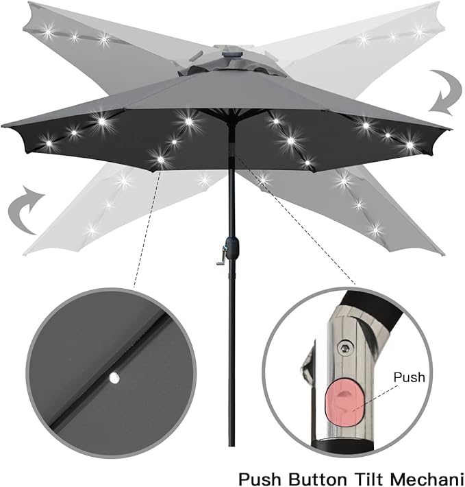 Sunnyglade 9' Solar LED Patio Umbrella, 8 Ribs, Tilt & Crank | 9Ft Patio - Image 3