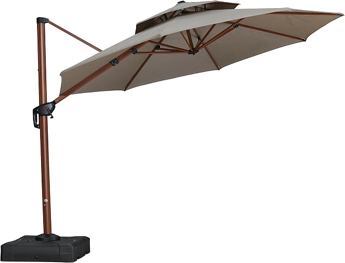 PURPLE LEAF Cantilever Umbrella 11ft Wood-Grain Finish, Heather Taupe | Block - Image 9