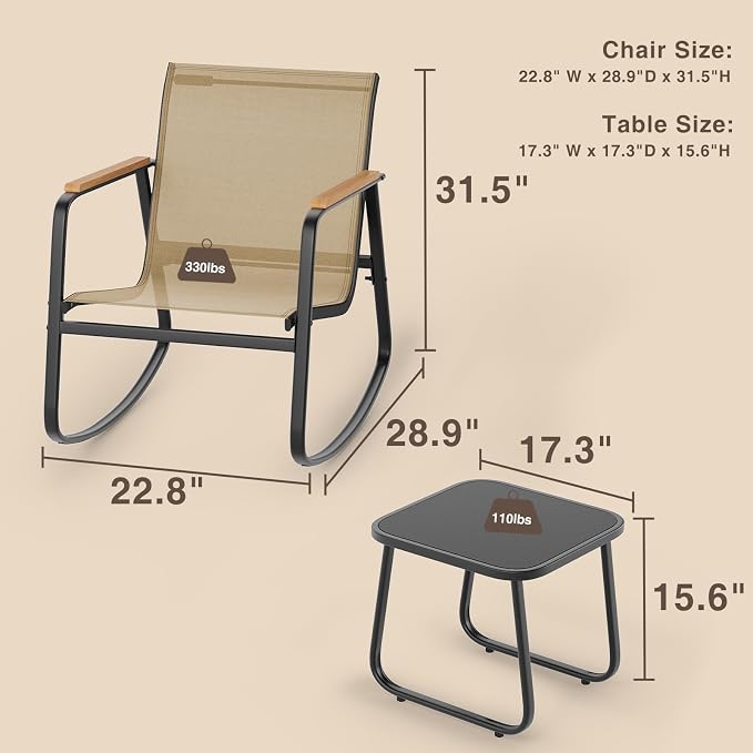 3-Piece Outdoor Rocking Bistro Set, Patio Set Textilene, Backyard and Poolside - Image 7
