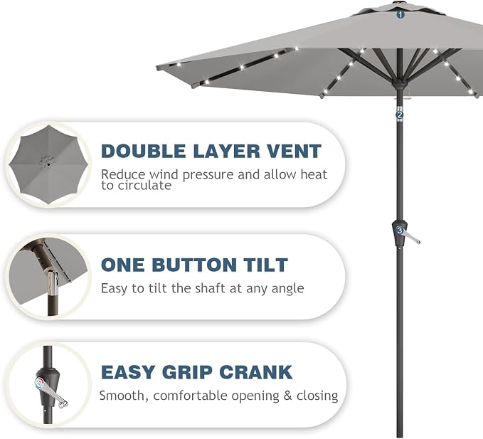 9FT Patio Umbrella with Solar Lights, Outdoor Market Umbrella with Tilt and - Image 2