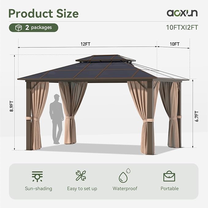 Aoxun 12'x10' Gazebo with Polycarbonate Double Roof, Light Brown | Metal Frame - Image 9