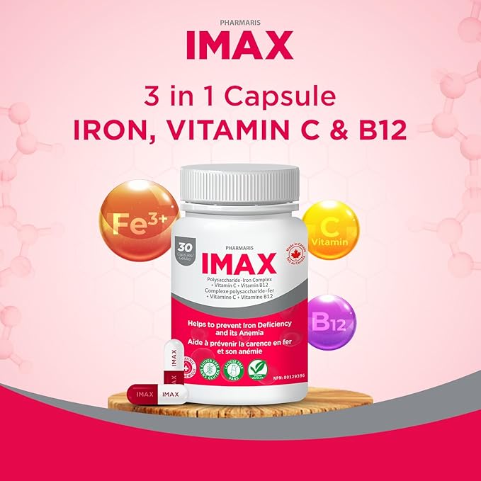 IMAX Iron Supplement 150 mg, Vitamin C 250 mg & B12 1000 mcg, Iron Supplement Treatment for Women & Men, Once Daily, 100 Capsules