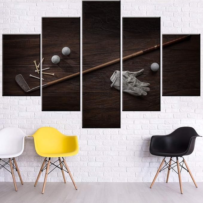 Golf Wall Art Black and White Painting Golfing Sports Picture for Living Room Multi Panel Prints on Canvas Abstract Artwork Giclee House Decor Wooden Framed Stretched Ready to Hang Gift(60''Wx40''H)