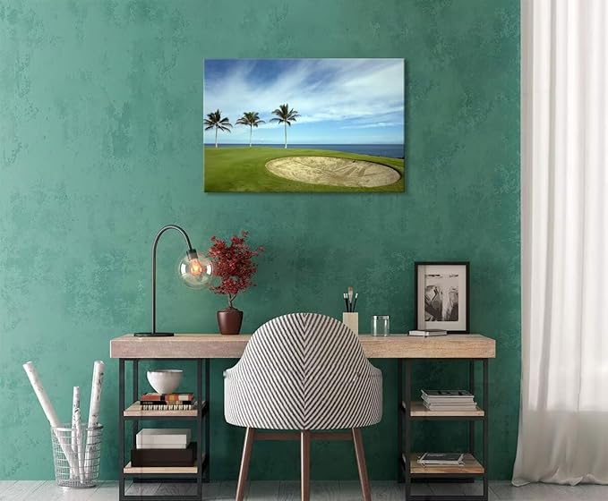 Green Hawaiian Golf Course Wall Art for Living Room Bedroom Bathroom Home Decorations Golf Art Canvas Prints Hawaii Golf Course Picture Poster Framed Artwork Ready to Hang(12''H x 16''W)