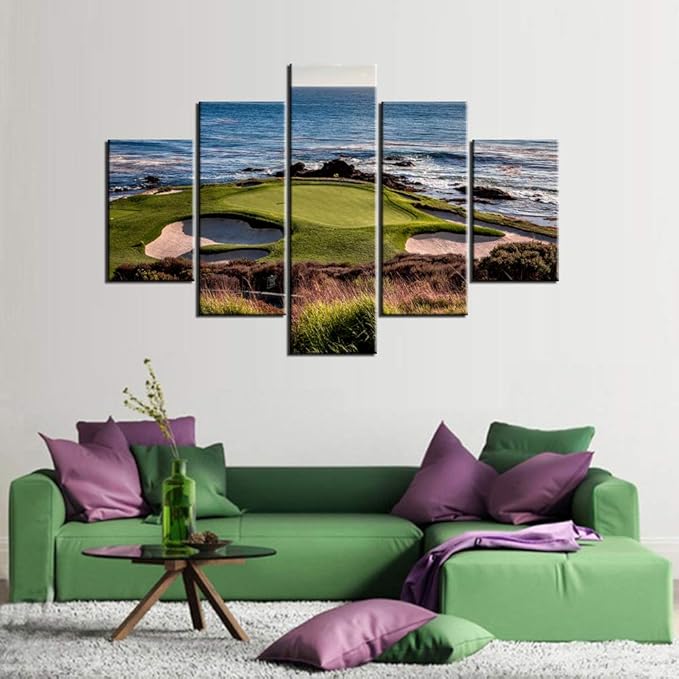 Golf Artwork for Walls Greens and Bunkers in California Paintings USA Landmark Picture Giclee 5 Panels Canvas Wall Art HD Prints Home Modern Decor Framed Ready to Hang in Living Room(60''W x 40''H)