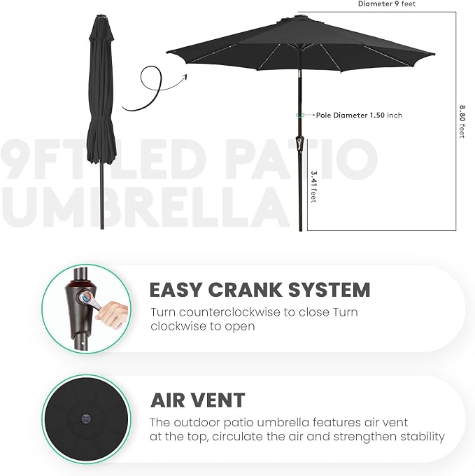 JEAREY 9' Patio Umbrella with Solar Lights, LED Umbrella, Jet Black | Outdoor - Image 6