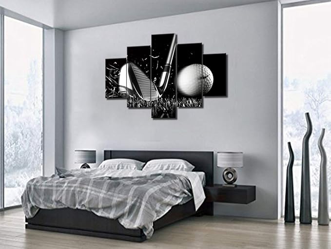 Black and White Paintings Golf Pictures 5 Panel Canvas Golf Ball Wall Art for Living Room Golfing Sport Artwork Contemporary Home Decor Giclee Framed Ready to Hang Posters and Prints(60''Wx40''H)