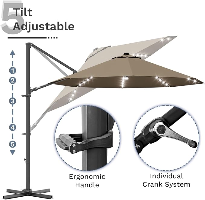 Devoko 10ft Solar LED Patio Umbrella, Round Cantilever Outdoor Umbrella - Image 6