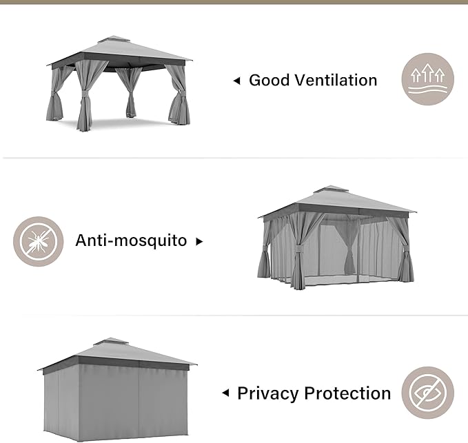12'x12' Outdoor Gazebo with 100FT String Lights, Metal Heavy Duty Patio Canopy - Image 3