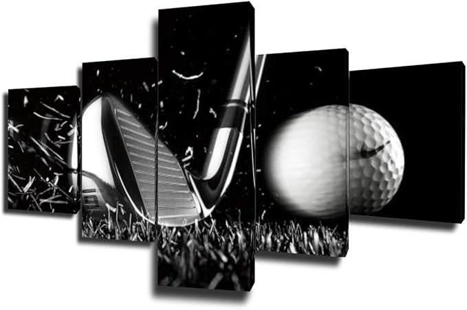 Golf Course Pictures White and Black Wall Art Golf Ball Paintings Multi Panel Printed on Canvas Landscape Artwork Modern Home Decoration Giclee Wooden Framed Gallery-Wrapped Ready to Hang(50''Wx24''H)