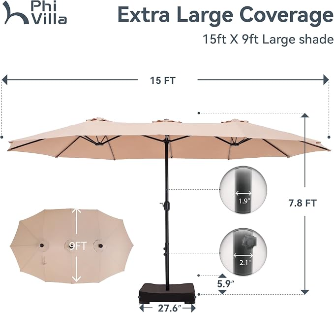 PHI VILLA 15ft Large Outdoor Patio Umbrella - Image 7