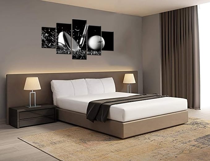 Golf Pctures Wall Decor Black and White Paintings Golf Course Wall Art for Living Room Golfing Sports Artwork 5 Piece Prints on Canvas House Modern Decor Giclee Framed Ready to Hang(60''Wx 32''H)
