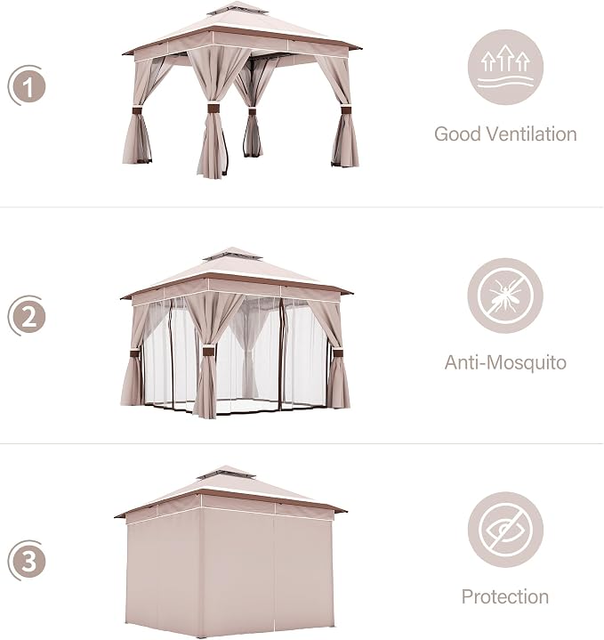 10'x10' Outdoor Gazebo with 50FT String Lights, Metal Heavy Duty Patio Canopy - Image 3