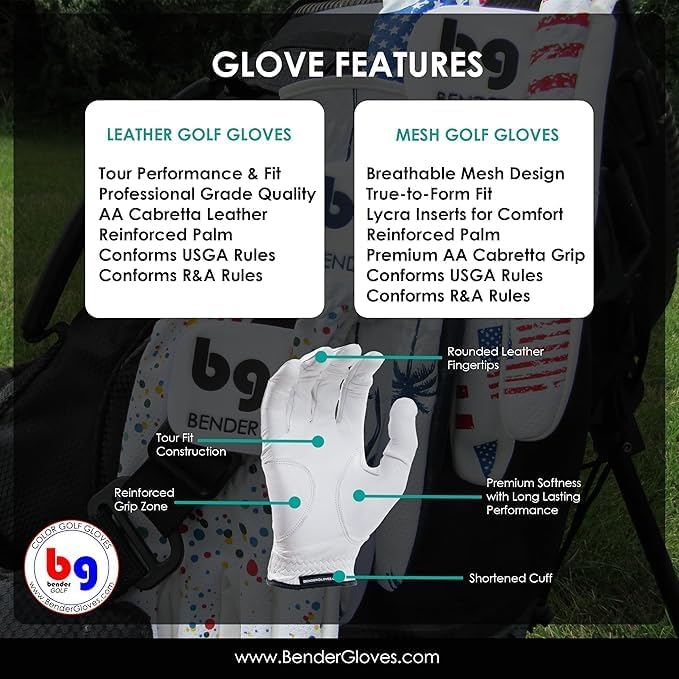 Bender Gloves - Men's Golf Glove, Durable Cabretta Leather Material, Unique Golf Gloves Men Right Handed Golfer (Wear On Left)