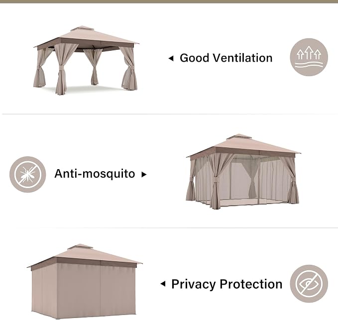 12'x12' Outdoor Gazebo with 100FT String Lights, Metal Heavy Duty Patio Canopy - Image 3