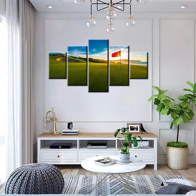 Living Room Decorations for Wall Golf Course Pictures Red Flags Paintings Landscape Artwork 5 Piece Green Canvas Wall Art House Modern Decor Framed Giclee Ready to Hang Posters and Prints(60''Wx32''H)