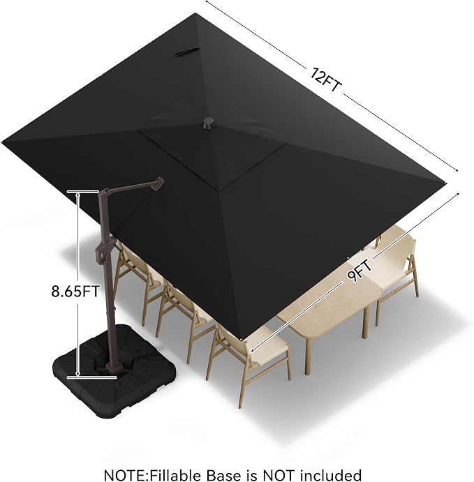 9x12 FT Cantilever Patio Umbrella, Large Rectangular Offset Outdoor Umbrella - Image 3