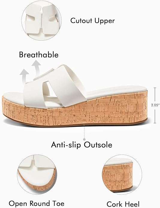 Coutgo Womens Platform Wedge Sandals Open Toe Slip On Slides Cork Heeled Comfortable Shoes