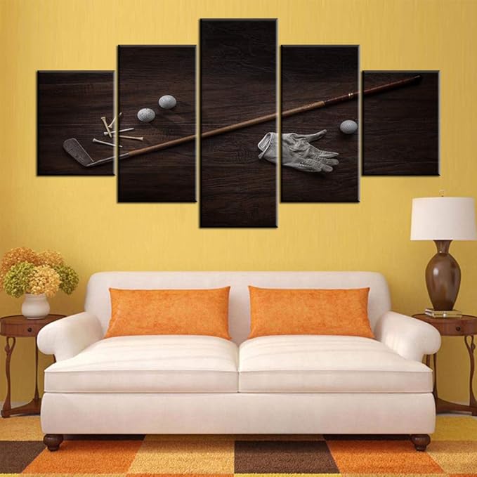 House Decorations Living Room Vintage Golf Club Pictures White Ball Paintings 5 Piece Prints on Canvas Golfing Wall Art Contemporary Artwork Wooden Framed Gallery-Wrapped Ready to Hang(60''Wx32''H)