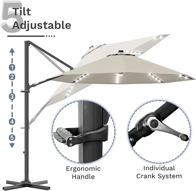 Devoko 10ft Solar LED Patio Umbrella, Round Cantilever Outdoor Umbrella - Image 6